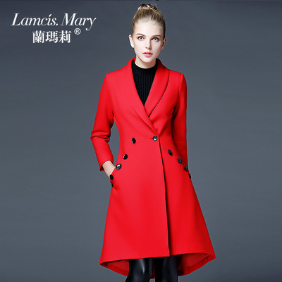 兰玛莉2015冬装妮子大衣女中长款欧洲站红色呢子修身毛呢外套女