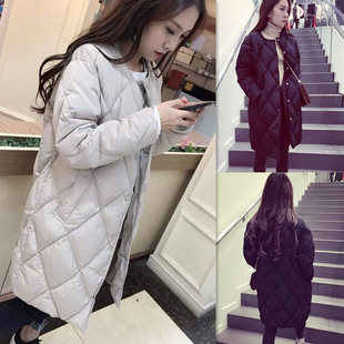韩国新品2015冬中长款菱形格加厚保暖棉衣面包棉服外套棉袄女冬装