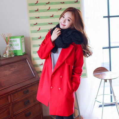 2015冬装中长款毛呢外套气质女士新款宽松大码红色呢子外套大衣潮
