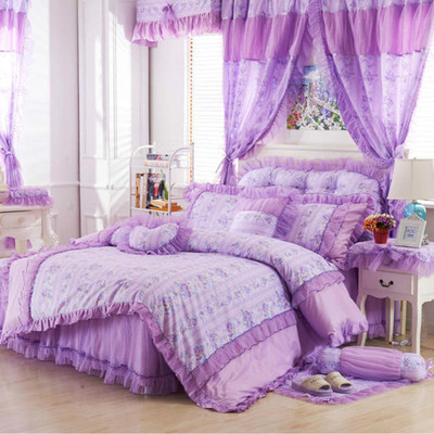 韩式公主家纺紫色碎花田园风蕾丝花边全棉床裙式床上用品三四件套