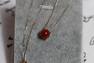 日本赤血宝石圆珠镶18K金锁骨链（可调节）