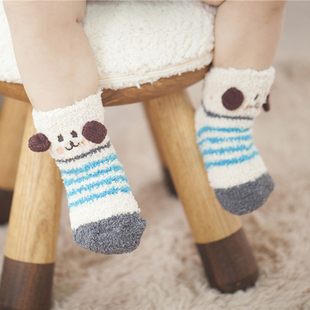 日系足底防滑珊瑚绒卡通立体刺绣儿童袜 可爱宝宝袜婴儿袜 地板袜