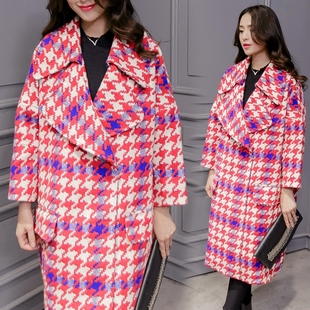 2015新款韩版女装秋冬中长款茧型毛呢外套女千鸟格宽松羊毛呢大衣
