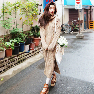 顷苜 2015冬新款韩版套头高领毛衣长款加厚打底连衣裙文艺针织女