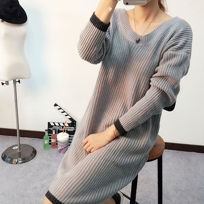 2015秋冬新款针织衫韩版女装V领中长款套头毛衣宽松打底衫连衣裙