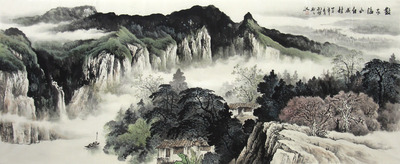 中国画山水名家作品客厅国画靠山山水画手绘小八尺水墨画数家隔水