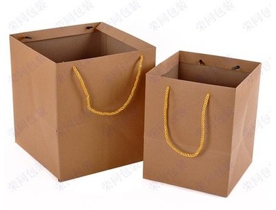 方体袋牛皮色现货高档加厚 礼品袋蛋糕盒正方形宽底纸袋子大中小