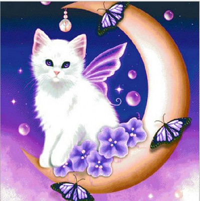 满粘钻石绣玄关儿童卡通点珠画月亮小白猫钻石画小猫咪贴钻十字绣