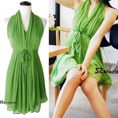 韩版女装夏季新款淑女气质清新绿色雪纺系腰带显瘦大摆连衣裙短裙