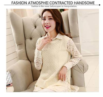 2015新款 春装韩版女毛衣中长款衬衫领套头蕾丝打底假两件针织衫