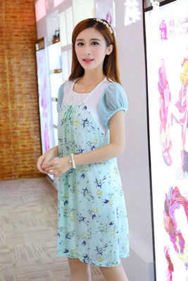 2015夏季新款 韩版印花圆领拼接短袖 雪纺连衣裙
