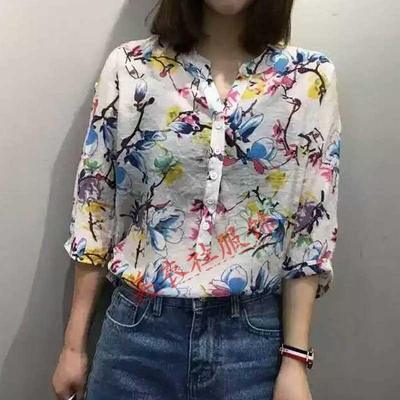 ZHAO MINASELF正品2016夏装新款韩版休闲薄款花色五分袖修身T恤女