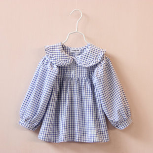 2015秋新品 韩国童装娃娃领灯笼袖蓝色格子衫小清新儿童衬衫
