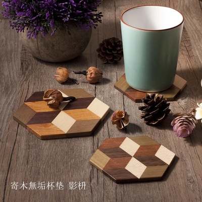日本箱根传统手工艺 寄木细工手作实木拼花六角杯垫隔热板 现货