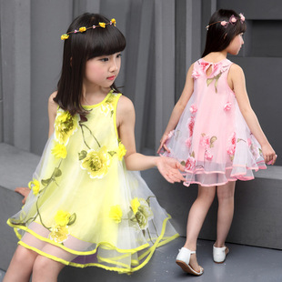女童连衣裙2016新款夏装韩版儿童公主裙欧根纱花朵背心裙蓬蓬裙子