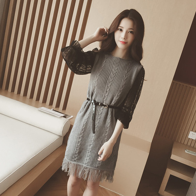 2015秋装新款针织连衣裙女流苏宽松显瘦长袖韩版套头中长款两件套