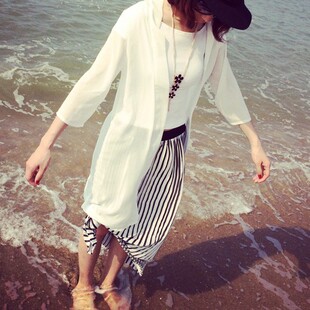 高档防晒衫女夏季透明薄纱开衫中长款沙滩衫 宽松优质雪纺女衬衣