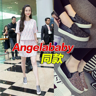 Angelbby新款金色春季韩版内乐福鞋平跟圆头浅口亮片水钻女单鞋