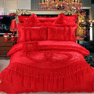 婚庆四件套大红粉色全棉床上用品六八十多件套蕾丝公主结婚床品