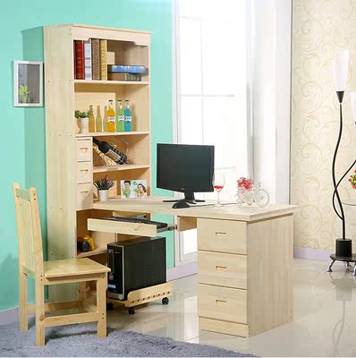 包邮实木电脑桌台式桌家用带书架组合松木书柜儿童书桌简约桌特价