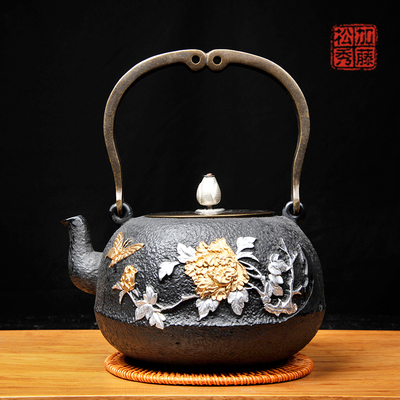 加藤松秀铁壶日本原装进口南部铁器铸铁茶壶纯手工鎏金/国色天香
