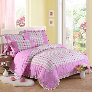 公主风全棉粉色条纹格子四件套纯棉秋冬季花边床上1.5米1.8m被套