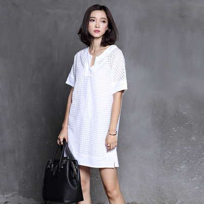 Secret Box2015夏季新款韩版文艺薄款镂空纯色短袖V领纯棉连衣裙