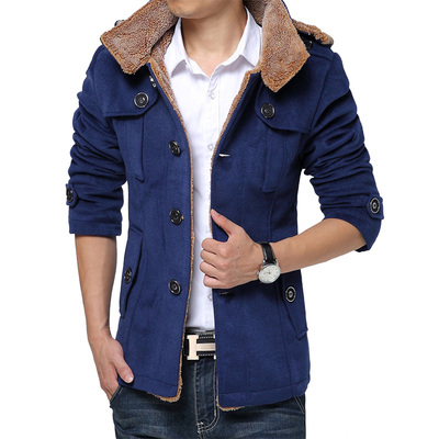秋冬新款韩版男加厚保暖冬装外套中长款连帽羊毛风衣加大码呢大衣