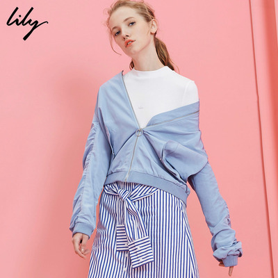 Lily2017春新款女装帅气拉链飞行夹克衫字母短外套117100C3210
