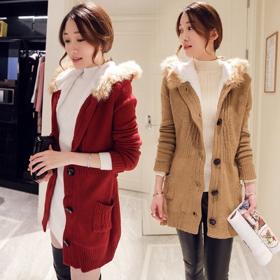 2015冬季长袖针织衫女韩版中长款连帽开衫加绒加厚保暖毛衣外套潮