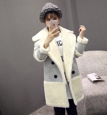 韩版女装冬装单排扣棉服仿麂皮绒羊羔毛大衣加厚长款外套