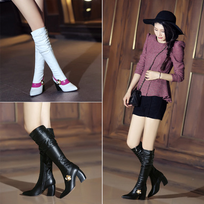 2015新款韩版修身长筒冬季真牛皮高筒女鞋尖头骑士侧拉链中跟女靴