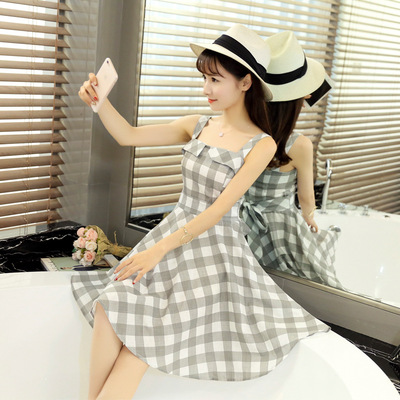 2016夏季韩系复古高腰修身吊带格裙连衣裙XB8534套头S高温定型