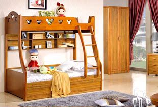 乌金木色橡木实木板木高低床 子母床上下床带梯柜床 特价新款包邮