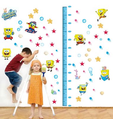可移除墙贴纸 儿童房幼儿园卡通身高贴量身高 海绵宝宝身高尺贴画
