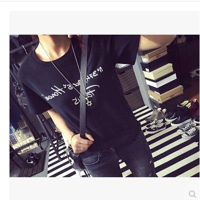2015夏女t恤新款时尚印花百搭T恤纯色圆领韩版文艺字母女短袖t恤