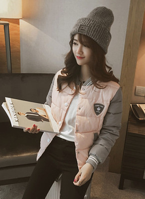 女士修身显瘦拼色长袖加厚棉服2015冬季韩版休闲开衫外套女
