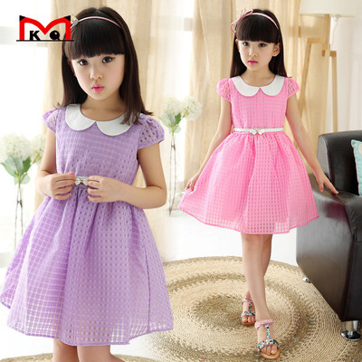 2016荷叶边紫色纯色夏季韩版娃娃领女童夏装新款短袖裙子中大童装