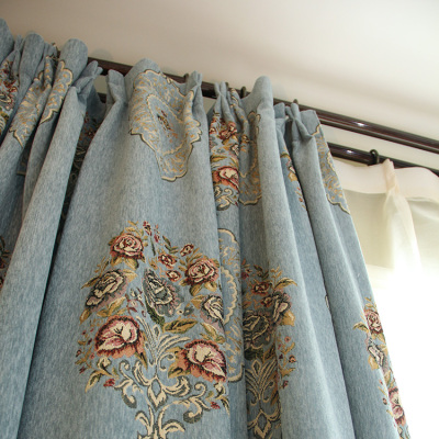 蓝色提花花卉窗帘布料雪尼尔窗帘美式欧式加厚全遮光客厅卧室飘窗