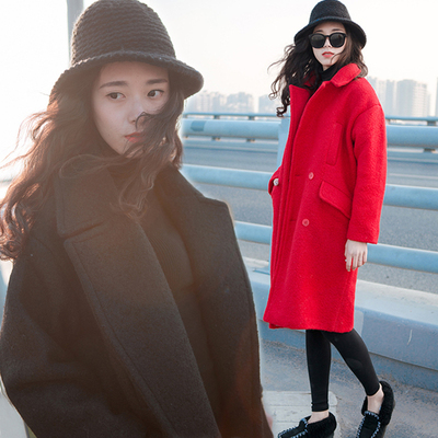 韩国代购女装冬季宽松双排扣茧型大衣韩版中长款加棉加厚毛呢外套