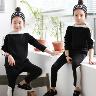 2016秋款童卫衣童装运动套装时尚黑白色纯棉经典韩版女童两件套