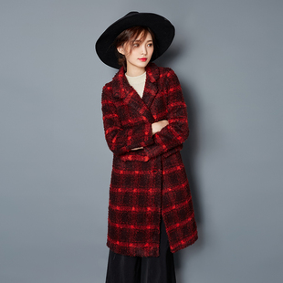 2015新款时尚女装冬都市风轻时尚格子毛呢大衣红黑格子毛呢外套