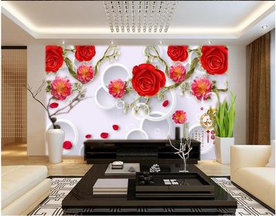 红玫瑰钻石3D圆圈背景壁画定制电视沙发背景墙纸客厅卧室背景壁纸