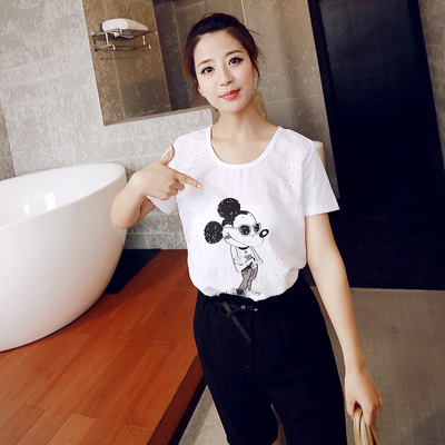 2016夏新款韩版女T恤可爱卡通米老鼠宽松中长款上衣破洞短袖t恤