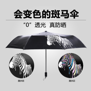 【遇水变色】韩国创意斑马折叠伞防晒黑胶太阳伞三折晴雨伞小黑伞