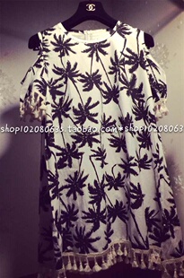 韩国新款stylenanda SEXY黑白椰树露肩宽松热带风性感流苏连衣裙