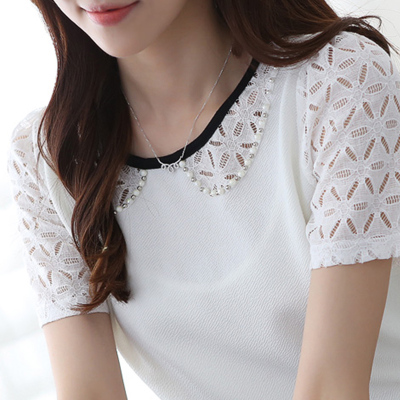 2015新款韩版镂空钉珠雪纺衫 修身短袖雪纺T恤衫夏款潮女式蕾丝衫
