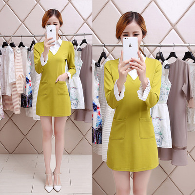 2015秋装新款韩版时尚宽松假两件衬衫领长袖打底连衣裙