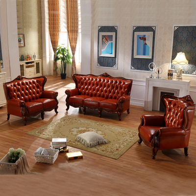 欧式真皮沙发 美式实木沙发组合 高档别墅客厅家具古典沙发1+2+3