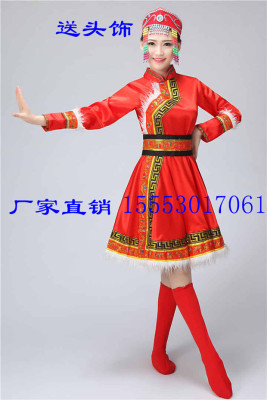 蒙古族演出服新款舞台装少数民族表演服饰广场舞服装女裙袍毛毛边